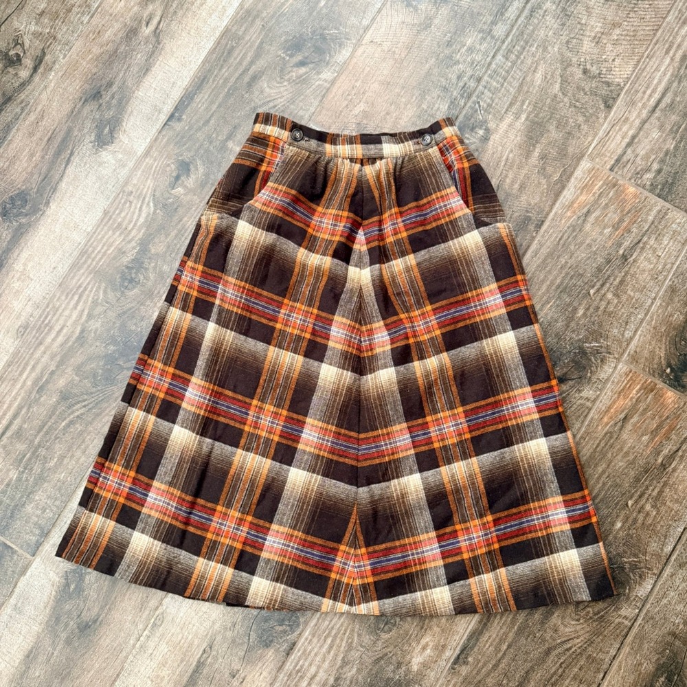 Vintage Women Dark Academia Tartan Plaid Wool Blend Midi Skirt,Brown Orange, 11